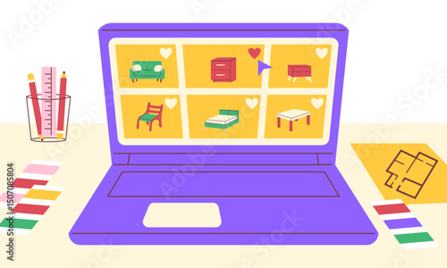 Renovation Concept. On the monitor screen site with furniture. Interior designer's workplace