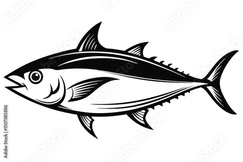 Elegant Black and White Tuna Fish Illustration with Detailed Fin and Body Markings