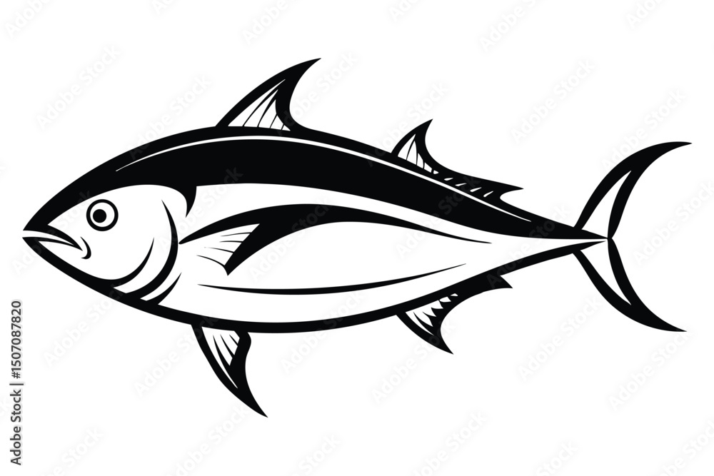 Fototapeta premium Black and White Graphic Illustration of a Tuna Fish Swimming Silhouette Art