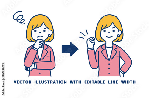 困りごとを解決する、女性会社員のベクターイラスト素材＿線幅の編集可能