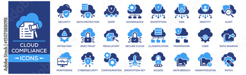 Cloud Compliance Strategies icon set. Containing design Cloud Security Compliance, Data Protection Policy, GDPR Compliance, Cloud Governance, Data Encryption. Solid icon collection.