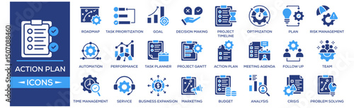 Action Plan icon set. Containing design Strategic Roadmap, Task Prioritization, Goal Setting, Action Checklist, Decision Making. Solid icon collection.