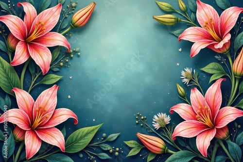 Intricate hand-drawn lilies & foliage, endless design, repeat, lily pattern, floral background