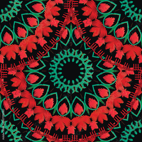 Bright seamless ornamental mandala pattern with red and green embroidery style floral shapes on black background. Ethnic folk vector textile design with vivid symmetry and thread texture effect.
