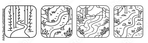 Landscape Scene monochrome Icons. Jungle map, Forest path. Travel concept in Vector set in minimalistic style