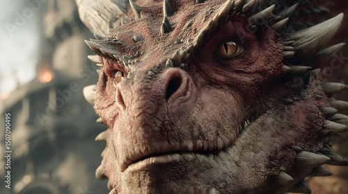 Cinematic Red Dragon atop Burning Castle Ruins - AI Generated