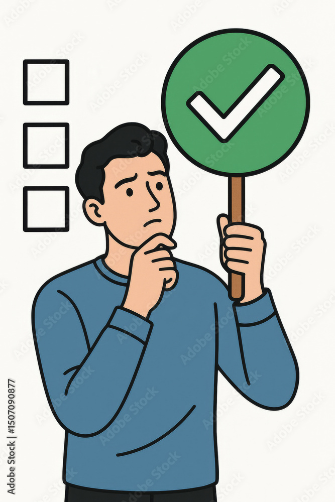 Decision making evaluation concept. Thinking businessman holding green checkmark approval sign. Choice assessment feedback process. Success confirmation quality control rating checklist. Decision making evaluation concept. Thinking businessman holding green checkmark approval sign. Choice assessment feedback process. Success confirmation quality control rating checklist.