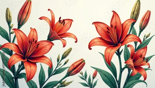 Intricate line art lilies & buds, continuous design , illustration, nature, floral line art