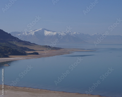 Photography Snowcapped Mountains Rising Behind a Quiet, Smooth Lake in Shades of Blue with a