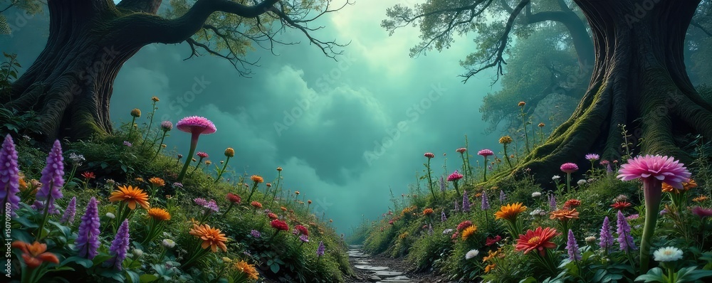 Fototapeta premium Enigmatic witch's garden brimming with mystical herbs, strange flowers, and unusual fungi under an overcast sky Perfect for Halloween, fantasy, or mystical themes , bizarre, unusual