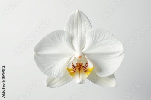 Delicate white orchid blossom against pure white background, bright, bloom