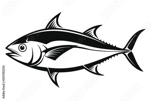 Tuna Fish Black and White Vector Illustration, Swimming Marine Animal Design Silhouette