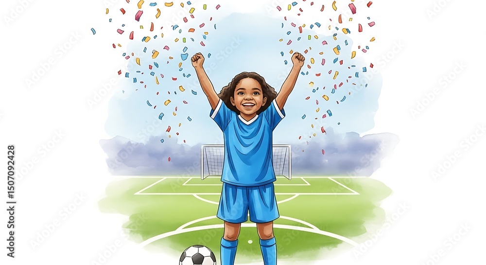 Fototapeta premium A happy soccer player celebrates victory with confetti