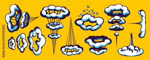 Comic cloud explosion with cartoon speed lines, motion effect, and smoke puffs on yellow background. Cartoon and comic cloud elements for dynamic motion effect. Perfect for comics, games, posters