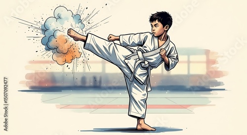 Young karate practitioner demonstrating powerful martial art techniques