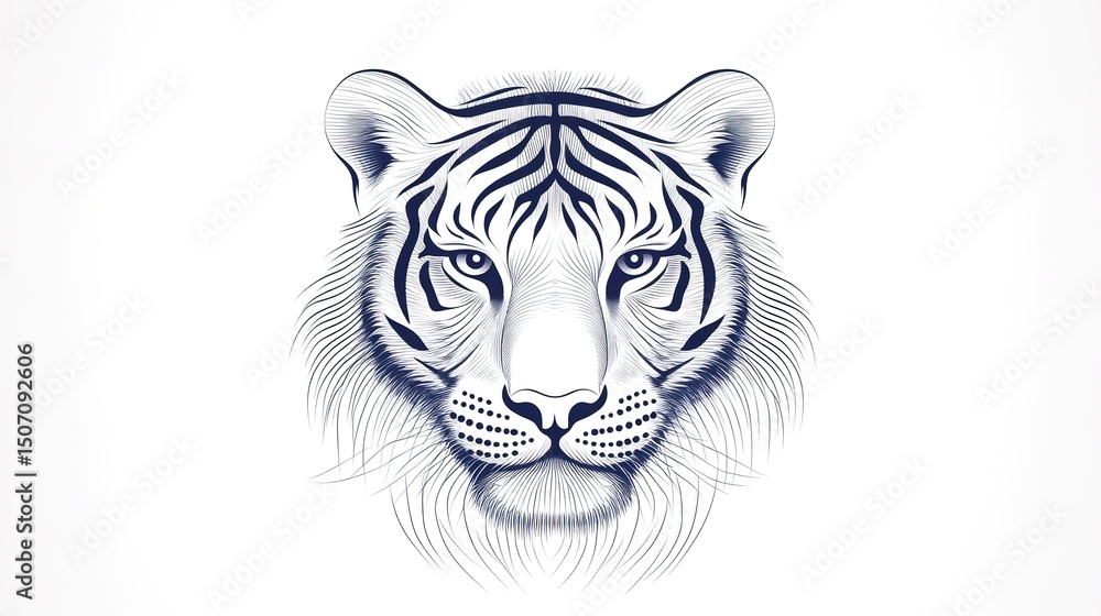 Fototapeta premium Roaring tiger head silhouette in black, powerful and iconic against white space.
