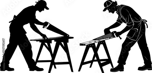 Carpenters Sawing Wood Silhouette Vector Set
