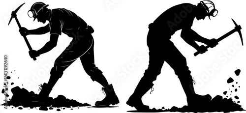 Mining Workers with Pickaxe Silhouette Vector Set