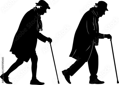 Elderly Man with Cane Silhouette Vector Illustration