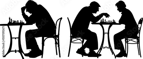 Silhouettes of Intense Chess Players at Outdoor Cafe Table