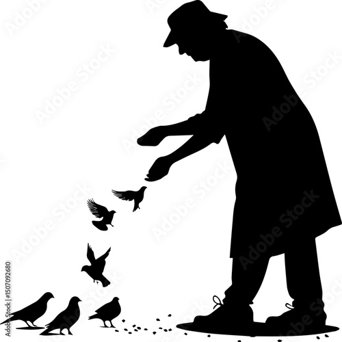 Elderly Person Feeding Pigeons in Silhouette Park Scene