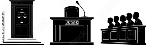 Courtroom Silhouettes: Judge's Bench, Jury Box, and Justice Door