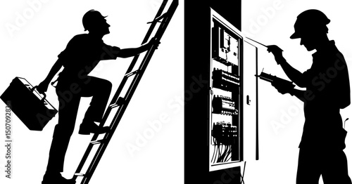 Electrician Silhouettes Working on Electrical Panel and Ladder