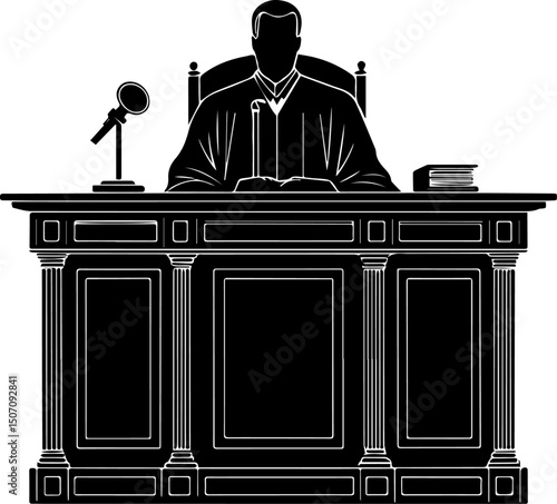 Judge at Courtroom Bench with Books and Microphone Silhouette
