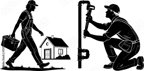Home Repair and Plumbing Service Silhouettes: Tradesman with Toolbox and Pipe Fitter