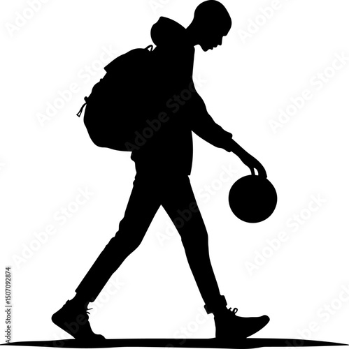 Youth Walking with Backpack and Ball Silhouette