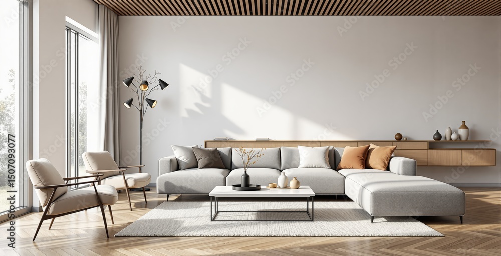 Fototapeta premium Contemporary living room interior with beige furniture, wooden elements, and natural light on a bright minimalist background. Concept of serene home. Ai generative