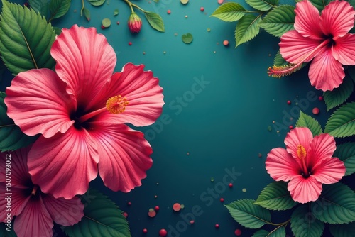 Bold hibiscus blooms, vibrant tropical design, vibrant, leaves, bold