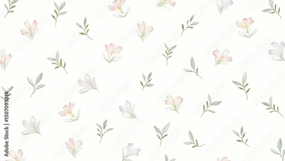 Fototapeta premium delicate floral pattern featuring scattered flowers and leaves in a watercolor style, evoking a sense of freshness and elegance