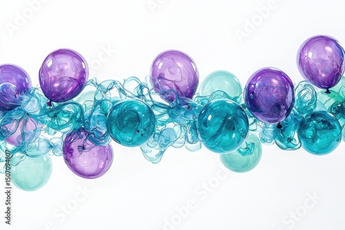 Colorful Abstract Composition with Purple and Teal Balloons and Ink Swirls on White Background