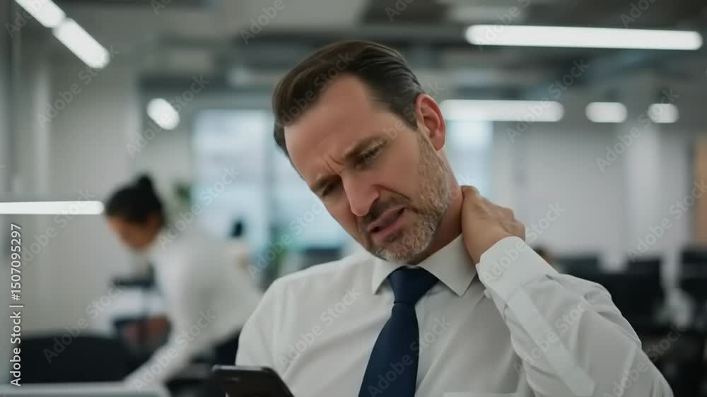 Businessman in an office feeling discomfort while checking his smartphone, surrounded by coworkers Businessman in an office feeling discomfort while checking his smartphone, surrounded by coworkers