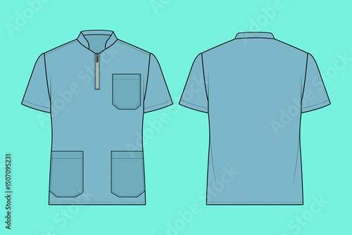 Half zip through short sleeve medical uniform fashion flat sketch CAD mockup front and back views.