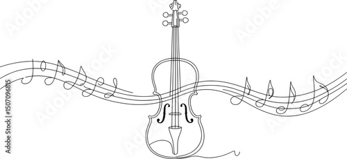Violin Line Art with Flowing Musical Notes Illustration.