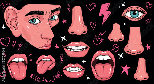 Creative cartoon faces and expressions with ears, eyes, mouths, and noses for artistic designs. Vector illustration