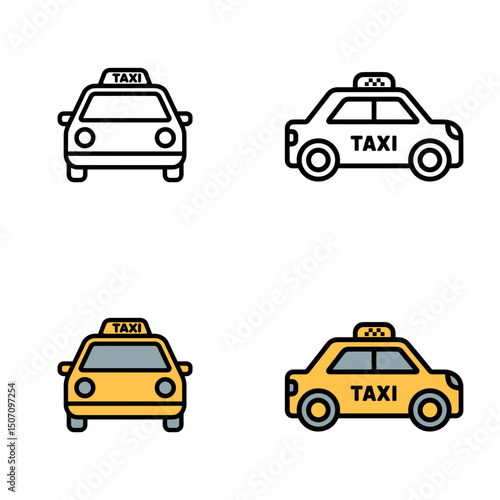 Minimalistic taxi icon set featuring various taxi designs and transportation symbols. Travel concept in vector