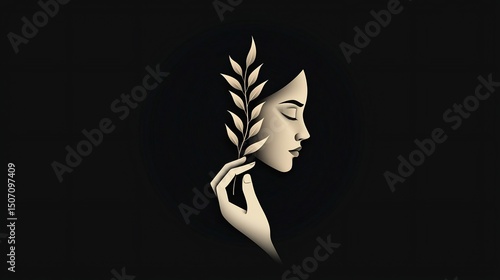 Woman profile, holding wheat branch.  Serene,  elegant figure