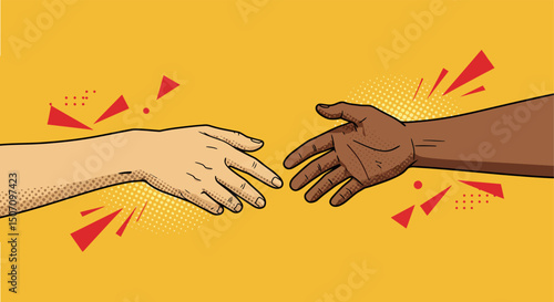 Unity and connection: diverse hands reaching out in pop art style for community design. Vector illustration