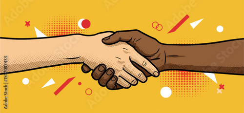 Unity and partnership concept with a handshake in pop art style. Vector illustration