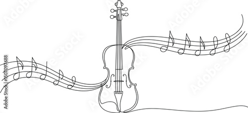 Violin Line Art with Flowing Musical Notes Illustration.
