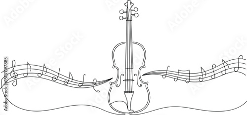Violin Line Art with Flowing Musical Notes Illustration.