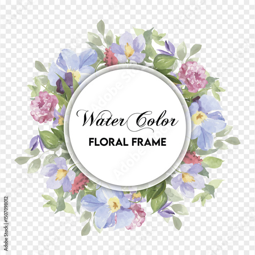 Floral flowers with leaves and wild herbs. Watercolor botanical round wreath suitable for greeting cards, wedding invitations, branding, floristry, packaging and spring design vector illustration