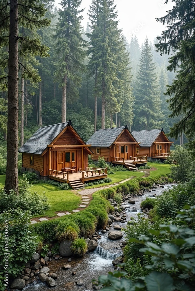 Cozy glamping cabins nestled in a lush green forest setting Cozy glamping cabins nestled in a lush green forest setting
