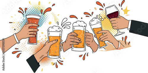 Cheerful celebration with beverages and toasts for festive gatherings and events. Vector illustration
