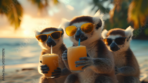 group of three lemur friends relaxing on beach, drinking juice, tropical sunset background