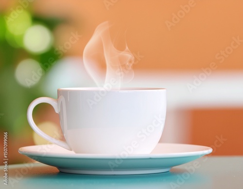 slightly steaming tea cup on a table, tea cup white, table petrol colors, background subtle orange