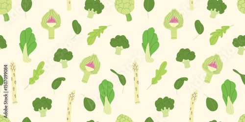 Modern greenery vegetables illustration with celery, broccoli, spinach, artichokes, cabbage and asparagus. Healthy green raw food seamless pattern for backgrounds, wallpapers and wrapping papers